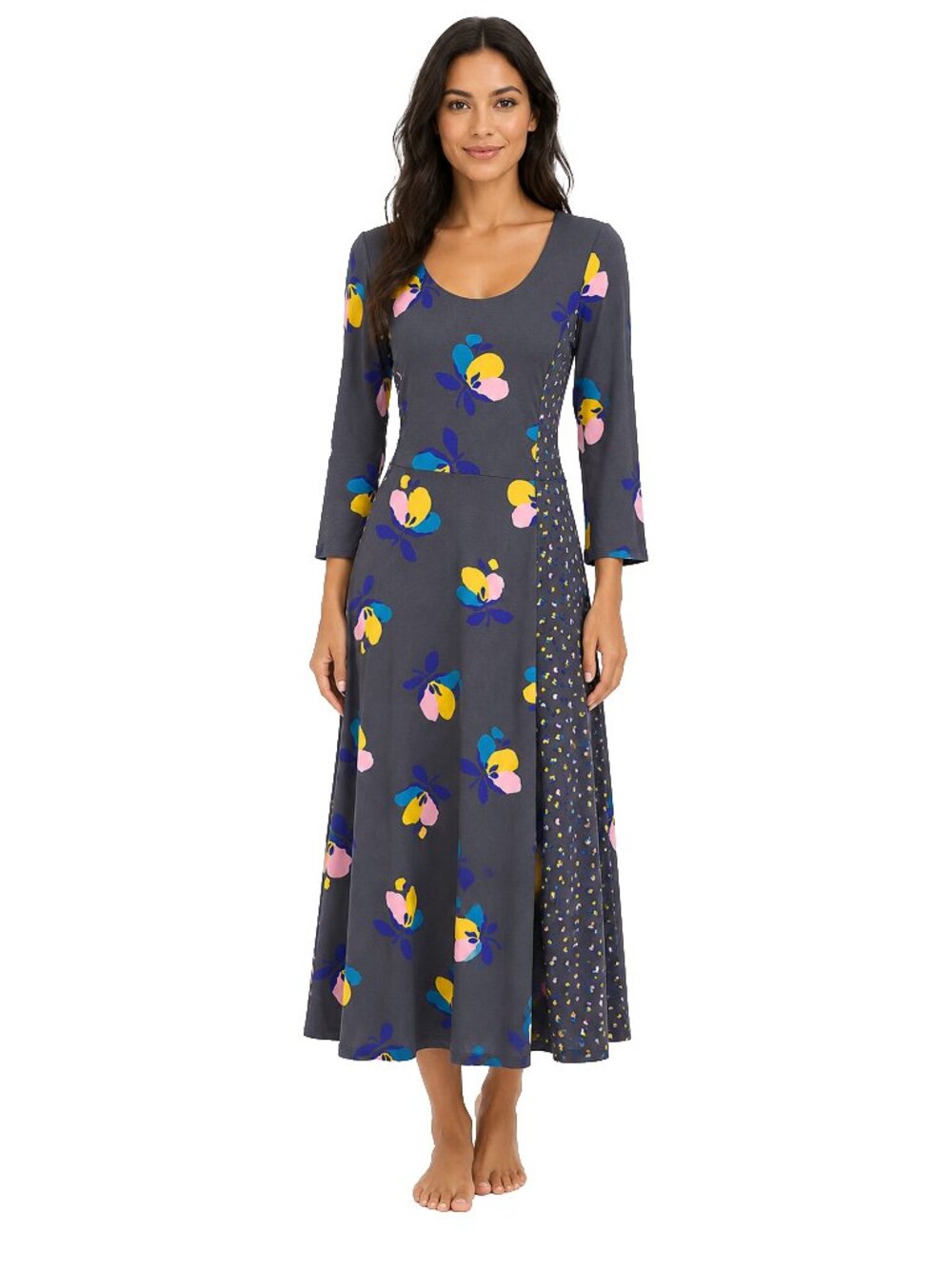 Boden Gray Floral Jersey Midi Dress Medium Fit Flare Scoop Neck Stretch M
